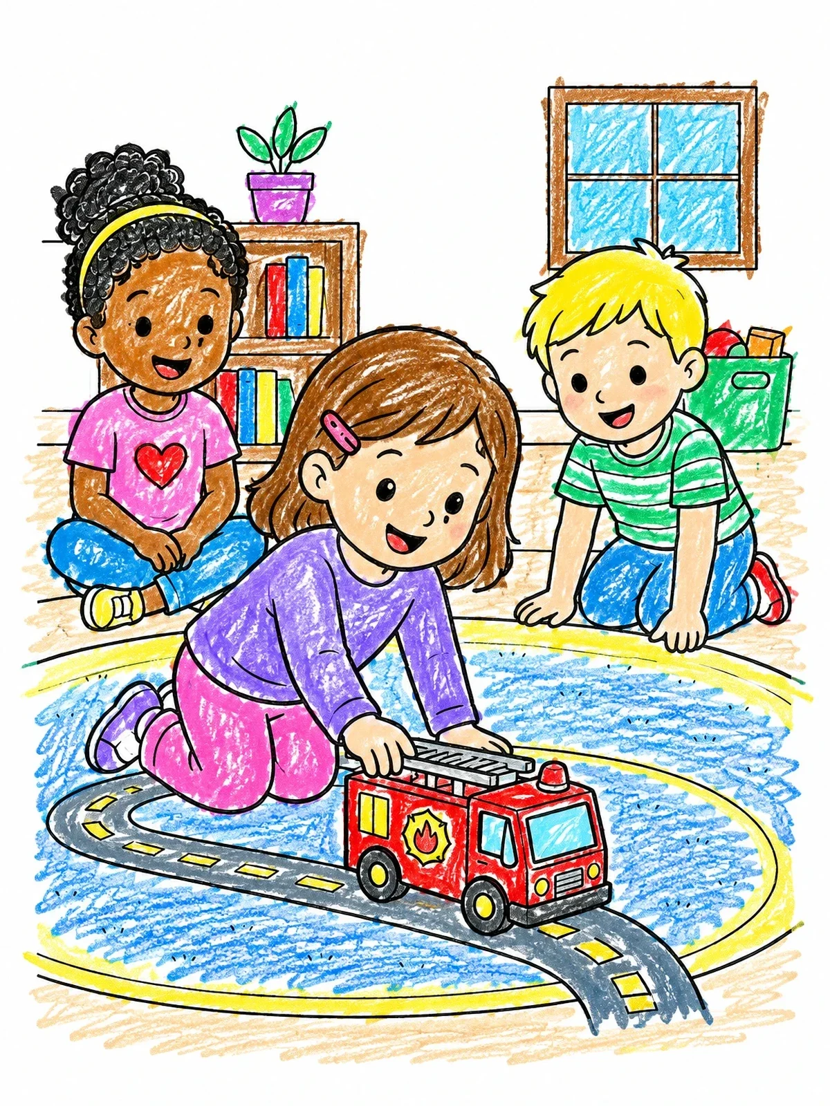 Colored example of the Children Playing With Fire Truck coloring page