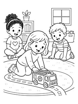 A happy girl plays with friends in this toy coloring page featuring a fire truck.