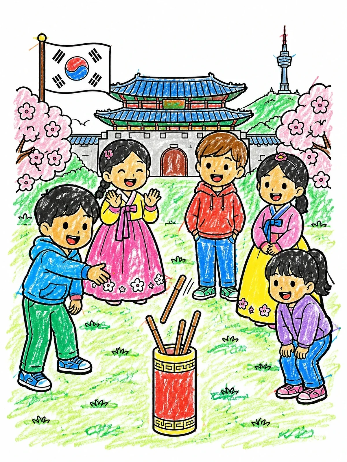 Colored example of the Children Playing Traditional Korean Games coloring page