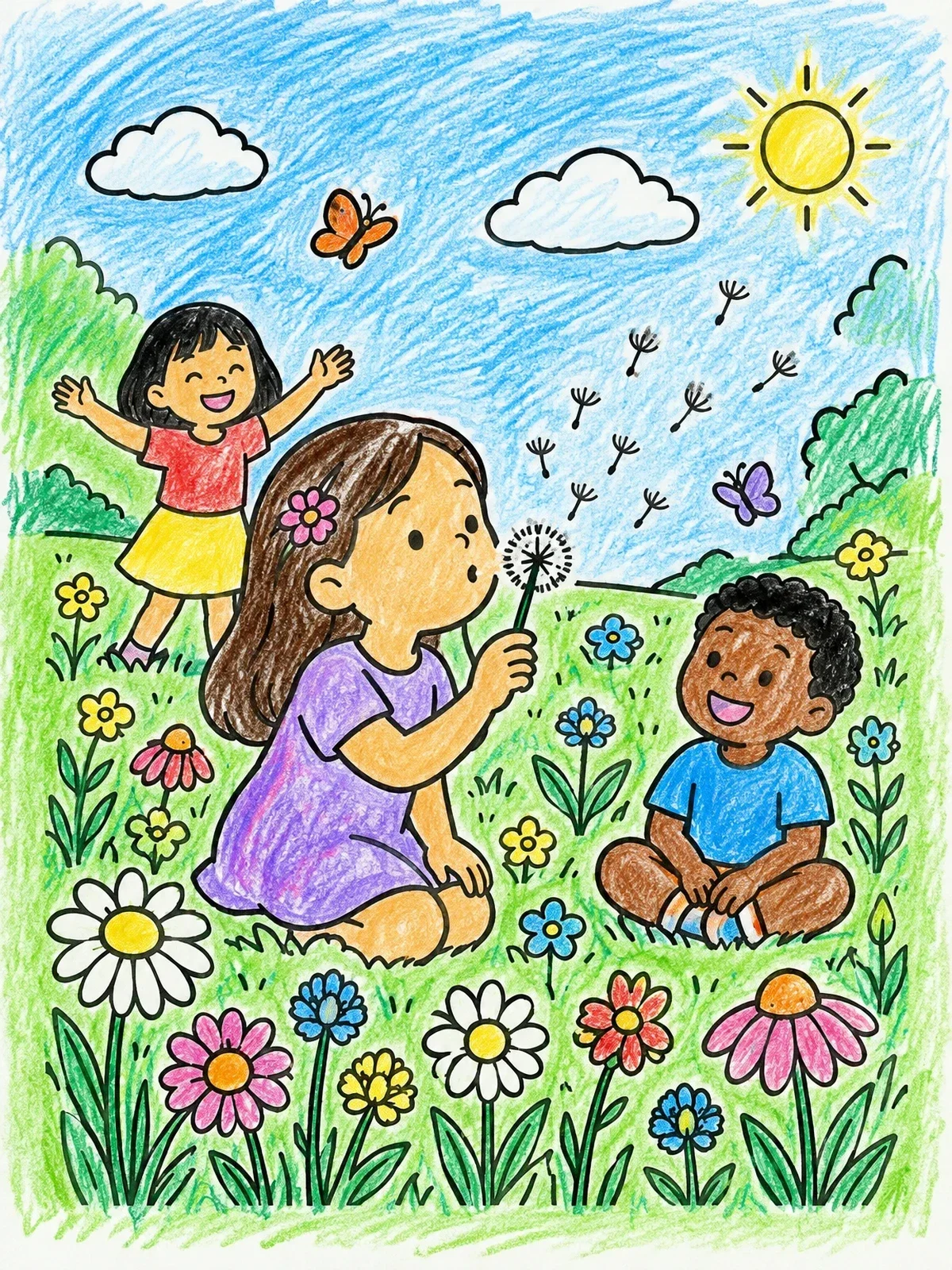 Colored example of the Children Playing In Wildflower Meadow coloring page
