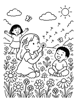 Free printable Children Playing In Wildflower Meadow coloring page