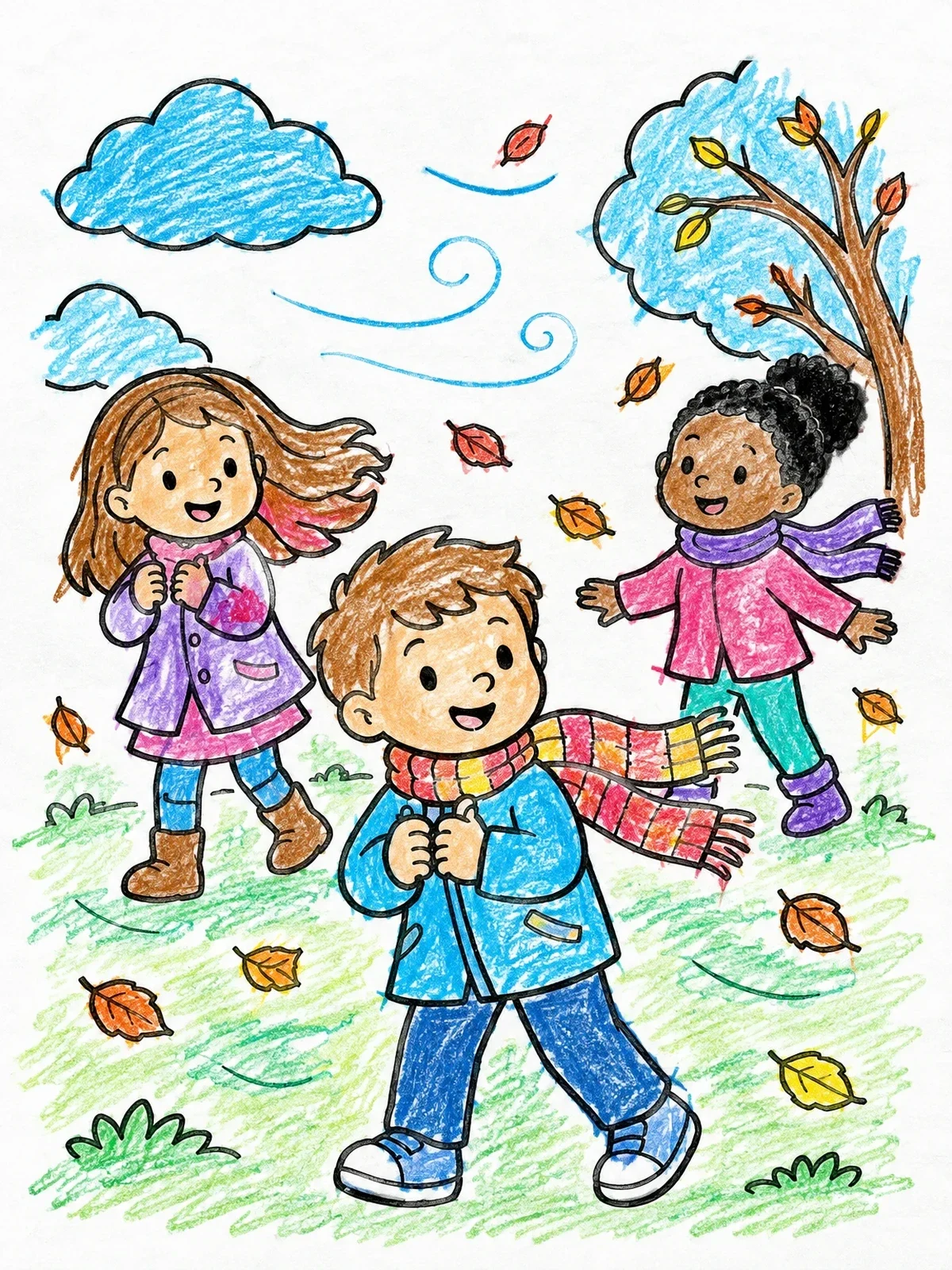 Colored example of the Children On A Windy Autumn Day coloring page