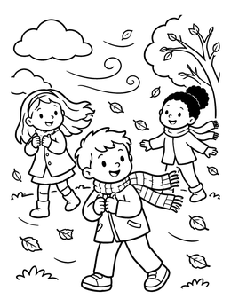 Free printable Children On A Windy Autumn Day coloring page