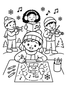 Free printable Children Making Music And Drawing In Winter coloring page