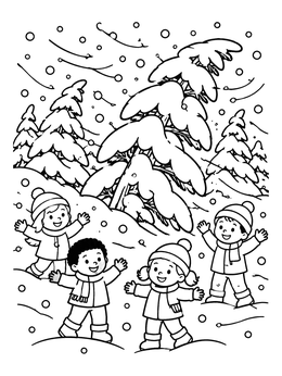 Happy children playing outdoors under snowy pine trees in this storm coloring page.