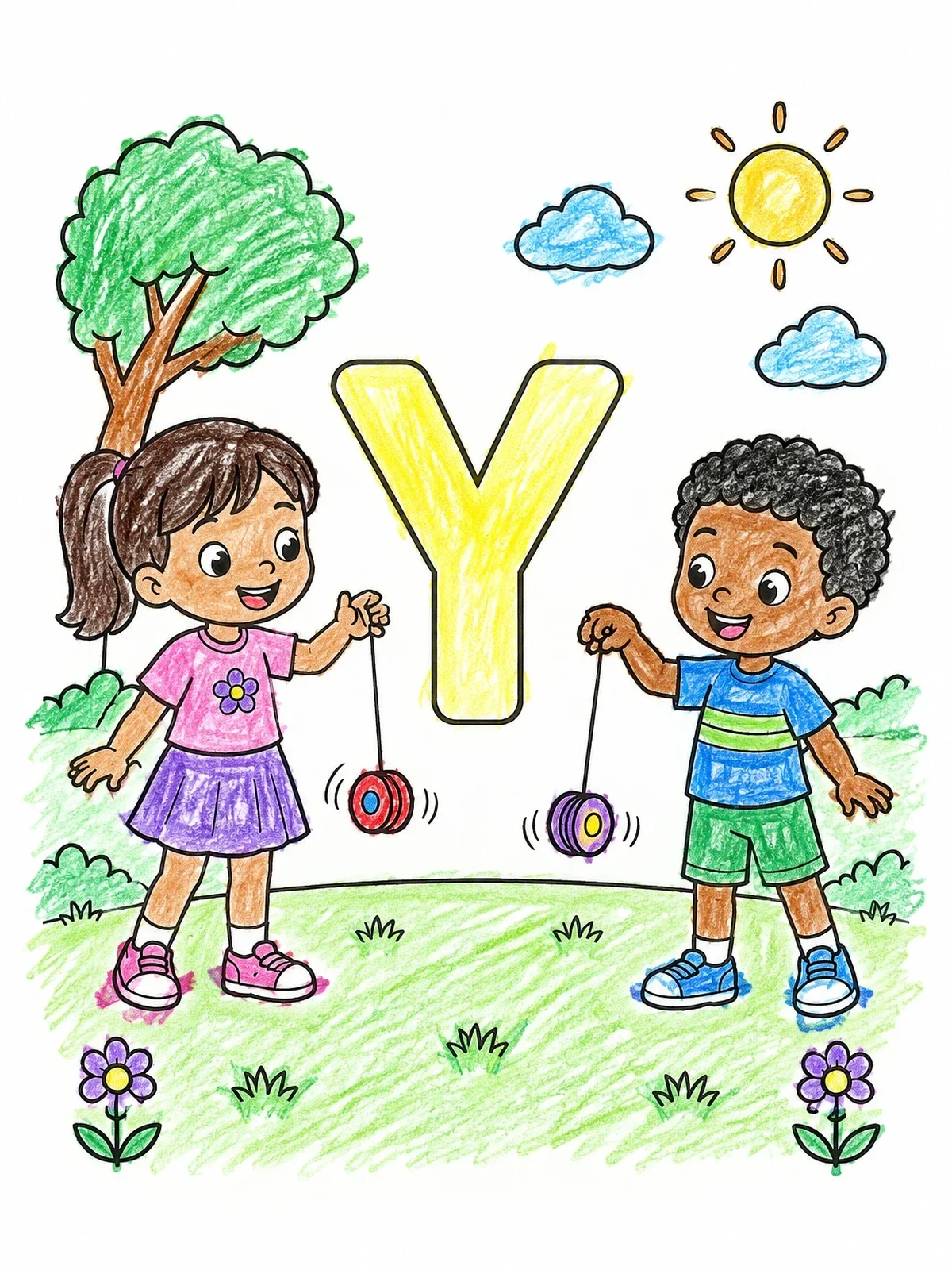 Colored example of the Children With Yo Yos And Letter Y coloring page