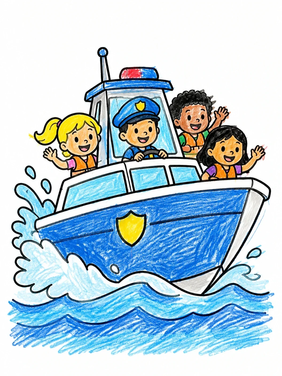 Colored example of the Children On A Police Boat Ride coloring page