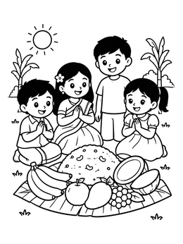 Free printable Children Celebrating Pongal Harvest Offering coloring page