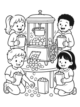 Free printable Children Around A Popcorn Machine coloring page