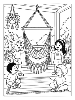 Free printable Children Around A Porch Hammock Chair coloring page