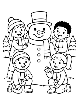 Happy children smiling beside a tall snowman coloring page outdoors.