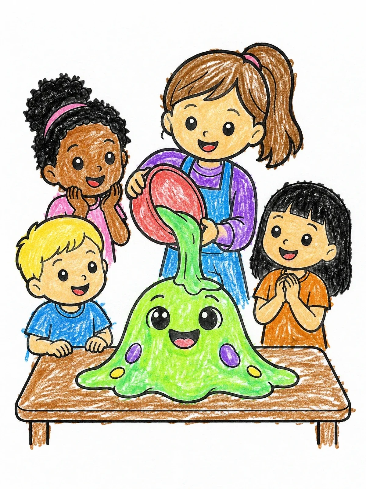 Colored example of the Children Pouring A Slime Creature coloring page
