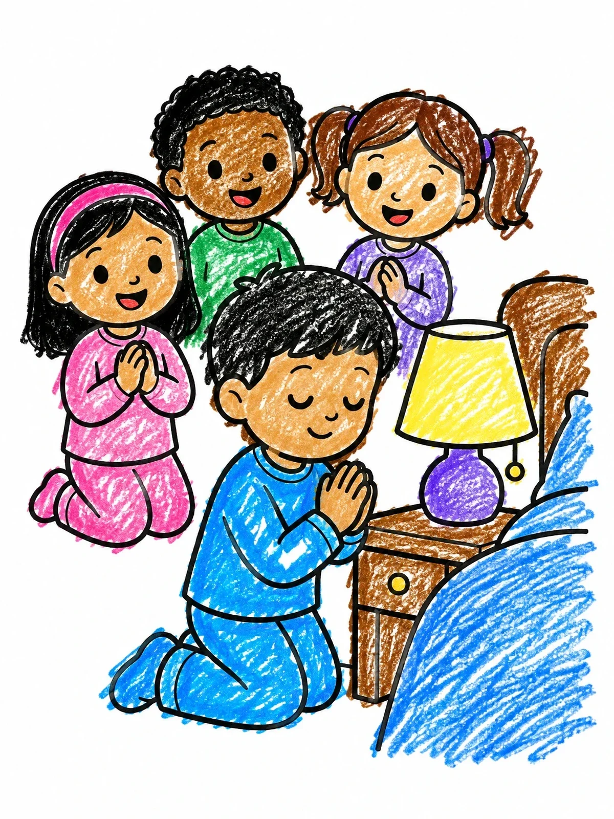 Colored example of the Children Praying By Bedside coloring page