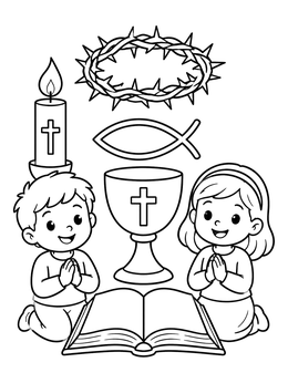 Free printable Children Praying With Lent Symbols coloring page