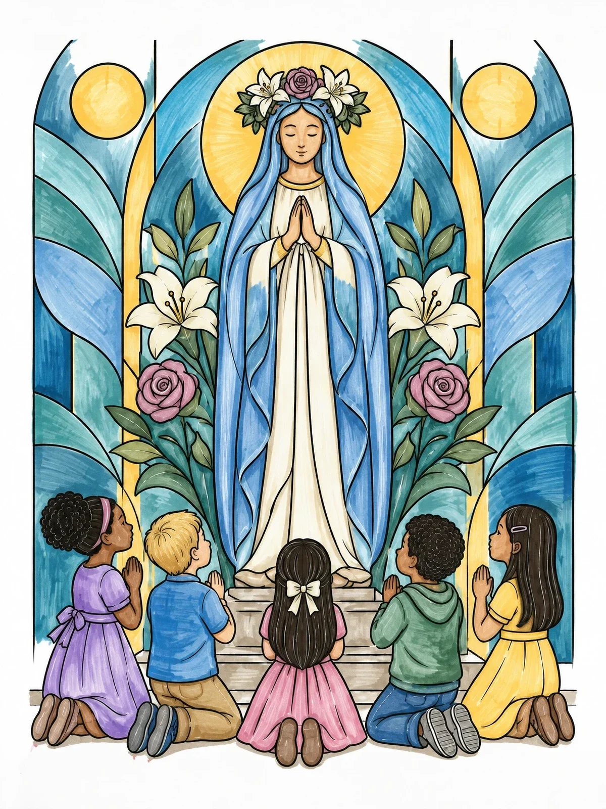 Colored example of the Children Praying At Crowned Mary Statue coloring page