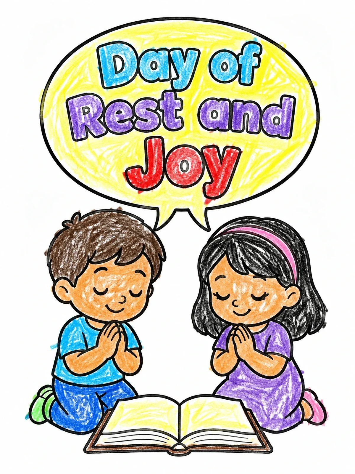 Colored example of the Children Praying Over Open Book coloring page