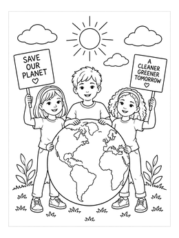 Kids holding protest signs around a globe in this earth coloring page under a sunny sky.