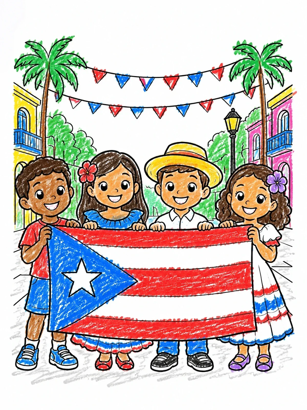 Colored example of the Children Celebrating With Puerto Rican Flag coloring page