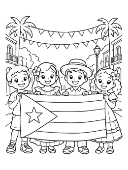 Free printable Children Celebrating With Puerto Rican Flag coloring page