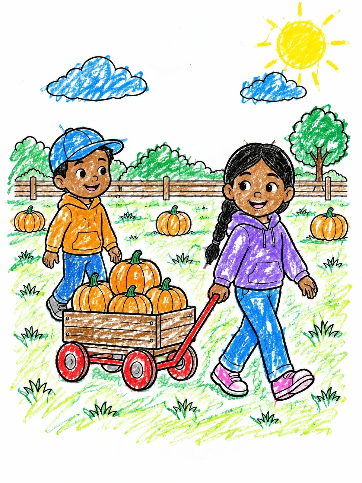 Colored example of the Children Pulling A Pumpkin Wagon coloring page