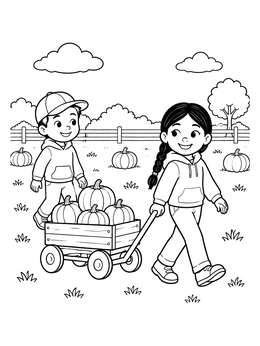 A pumpkin coloring page showing two happy kids pulling a wooden wagon full of pumpkins in a patch.