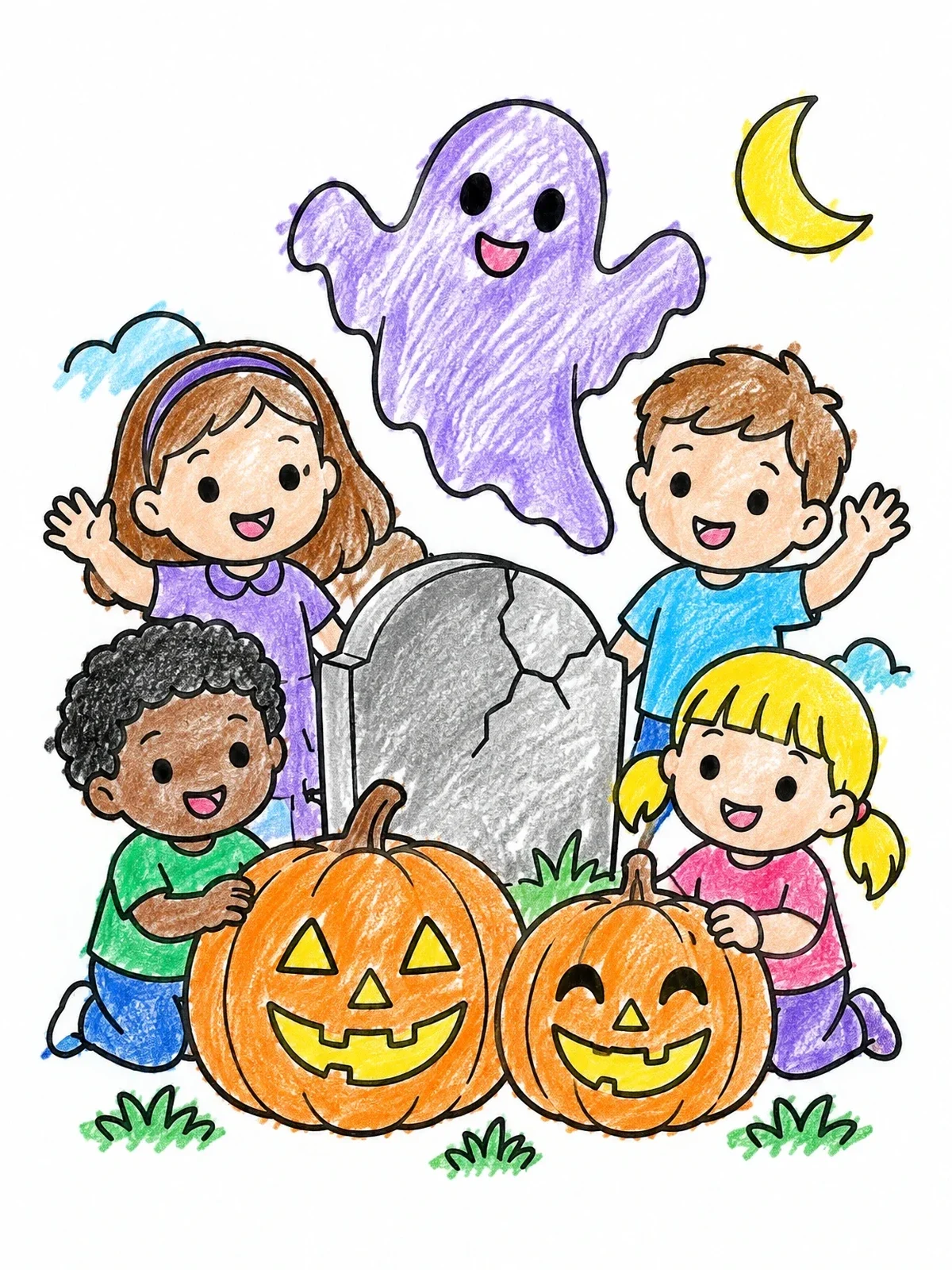 Colored example of the Happy Children Around Halloween Gravestone coloring page
