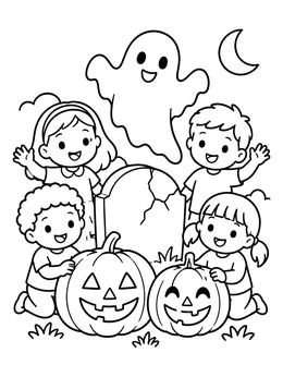 Free printable Happy Children Around Halloween Gravestone coloring page