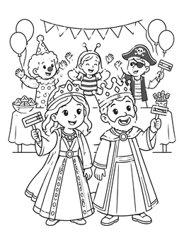 Kids in royal costumes celebrate at a party in this purim coloring page.