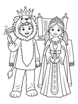 A purim coloring page of children dressed as a lion and queen by a Megillah scroll.