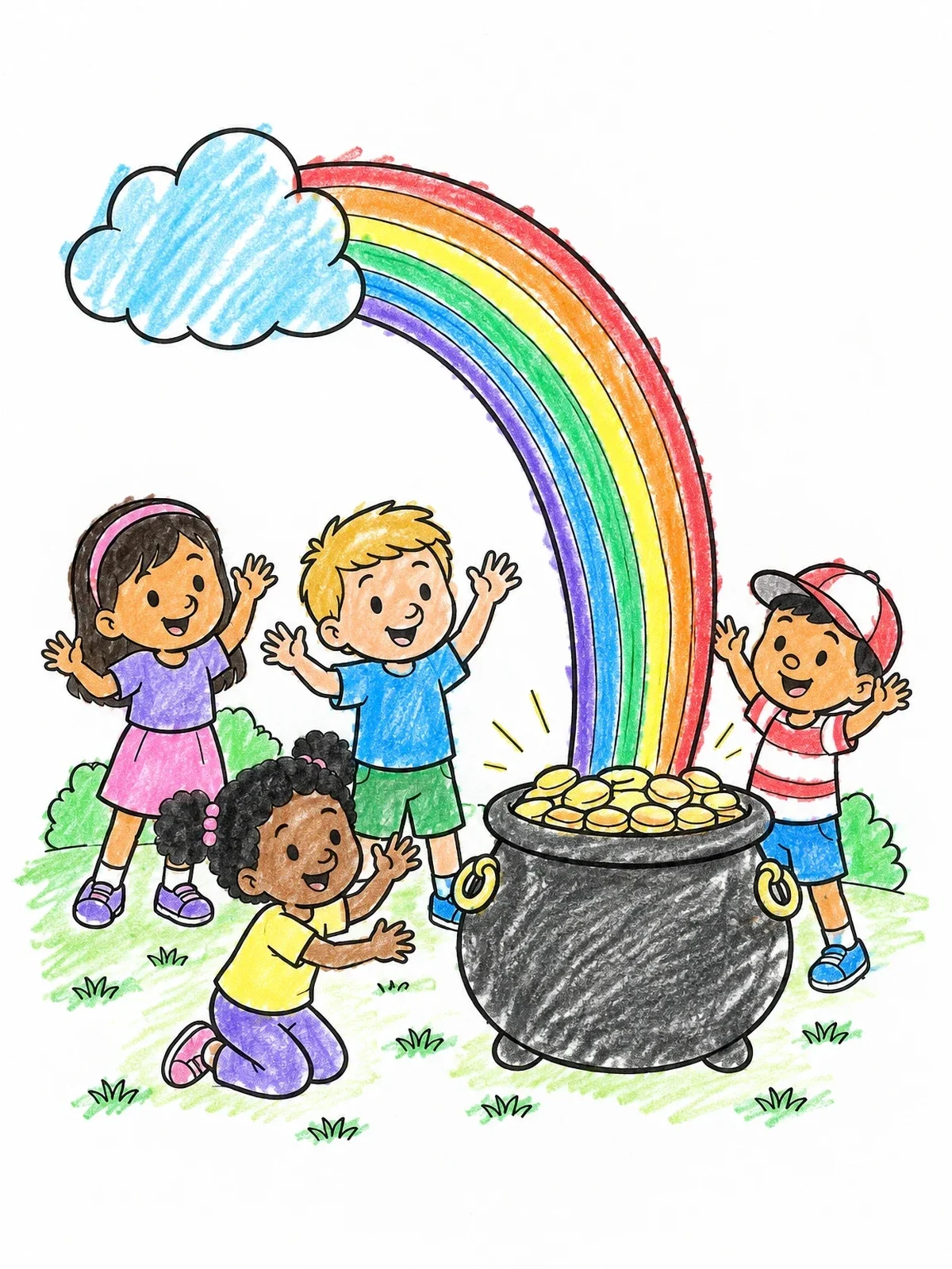 Colored example of the Kids Finding Rainbow Pot Of Gold coloring page