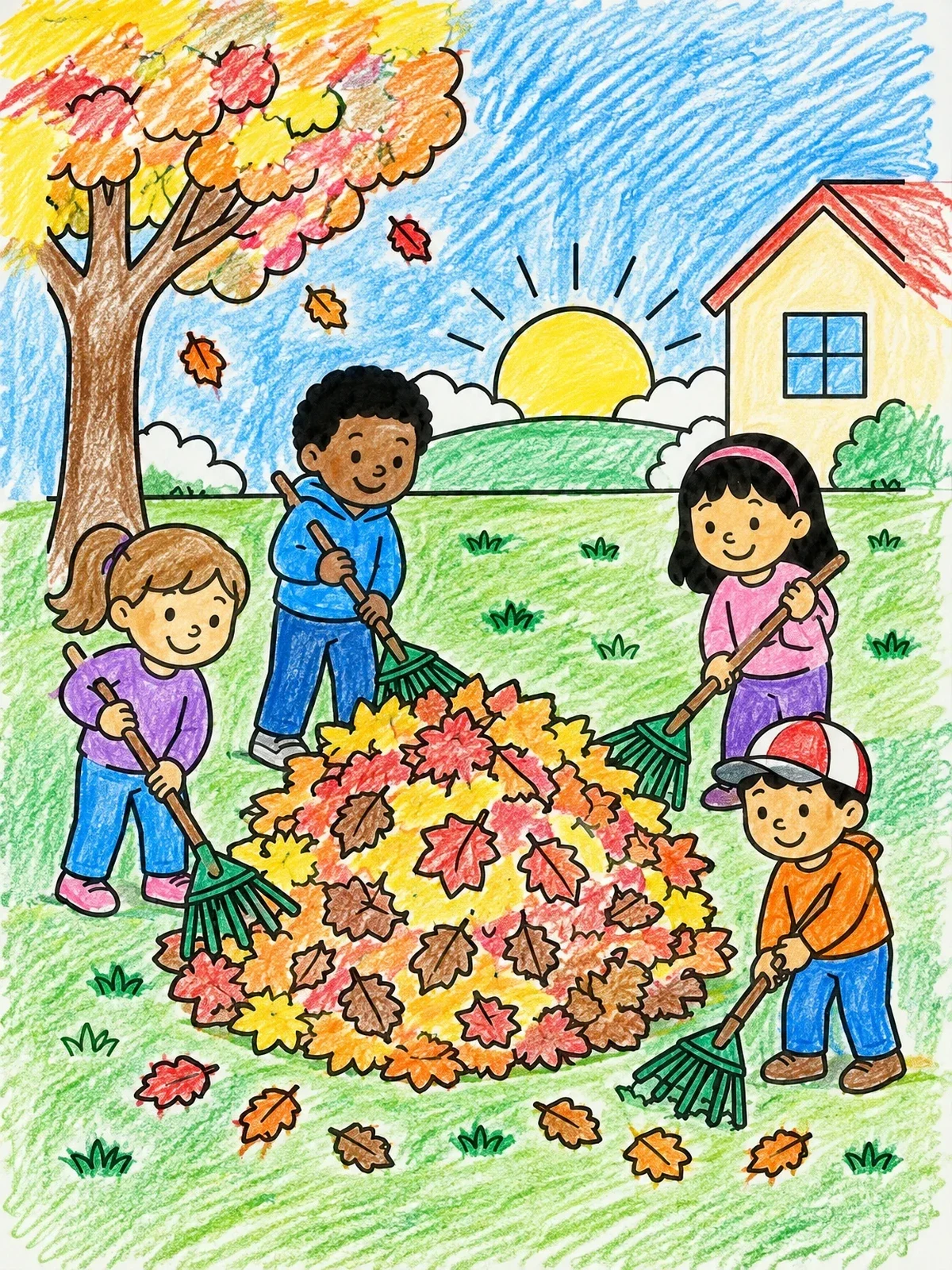 Colored example of the Children Raking Autumn Leaves coloring page