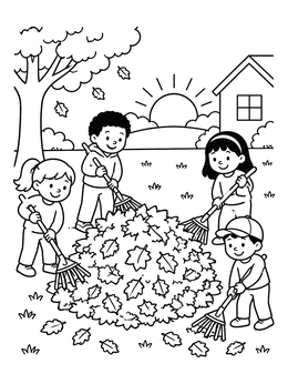 Free printable Children Raking Autumn Leaves coloring page