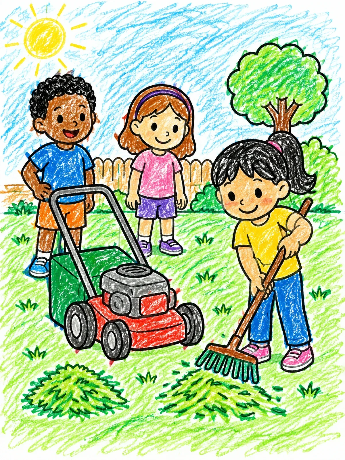 Colored example of the Children Helping In The Garden coloring page