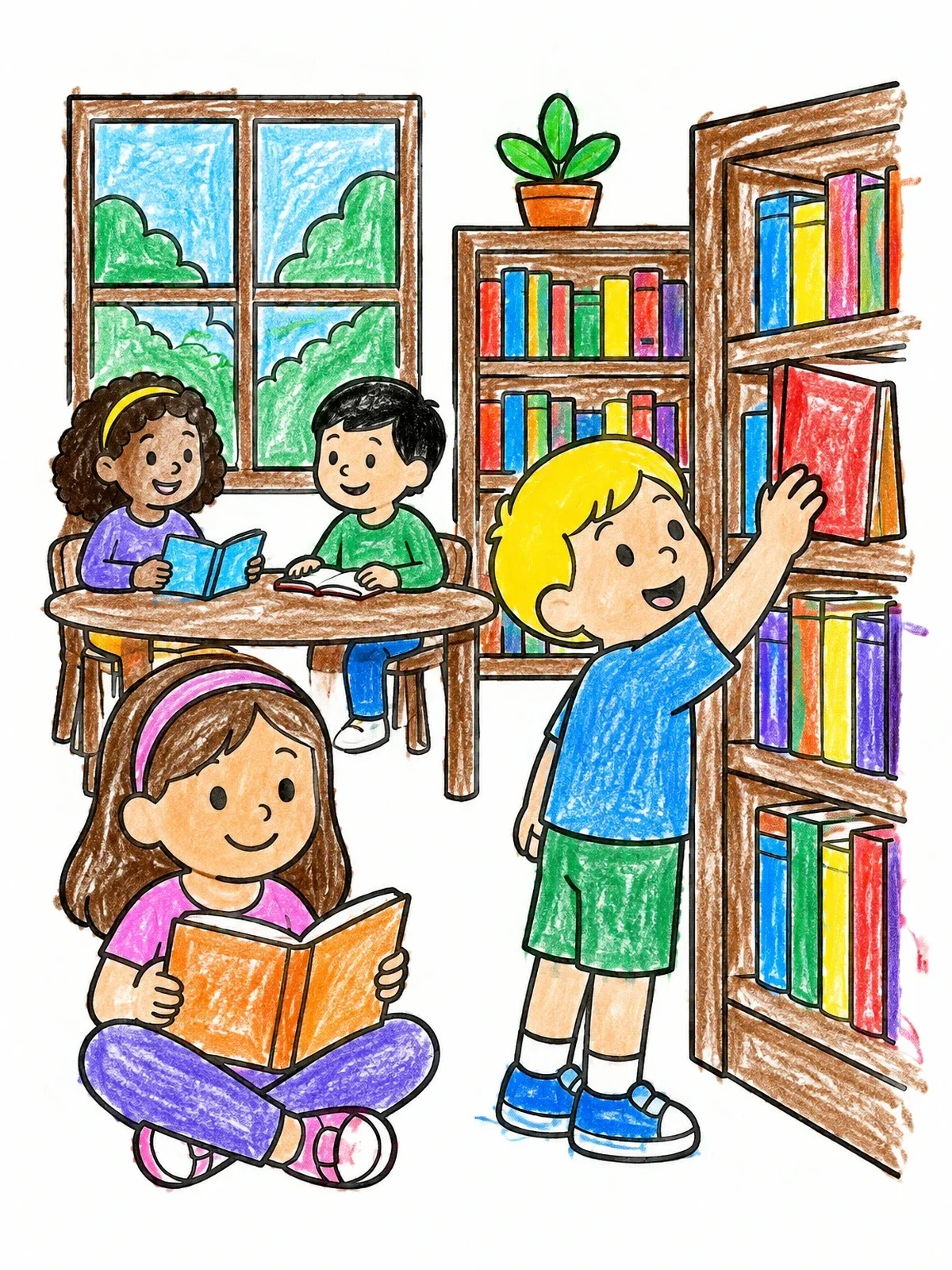 Colored example of the Children Reading At The Library coloring page