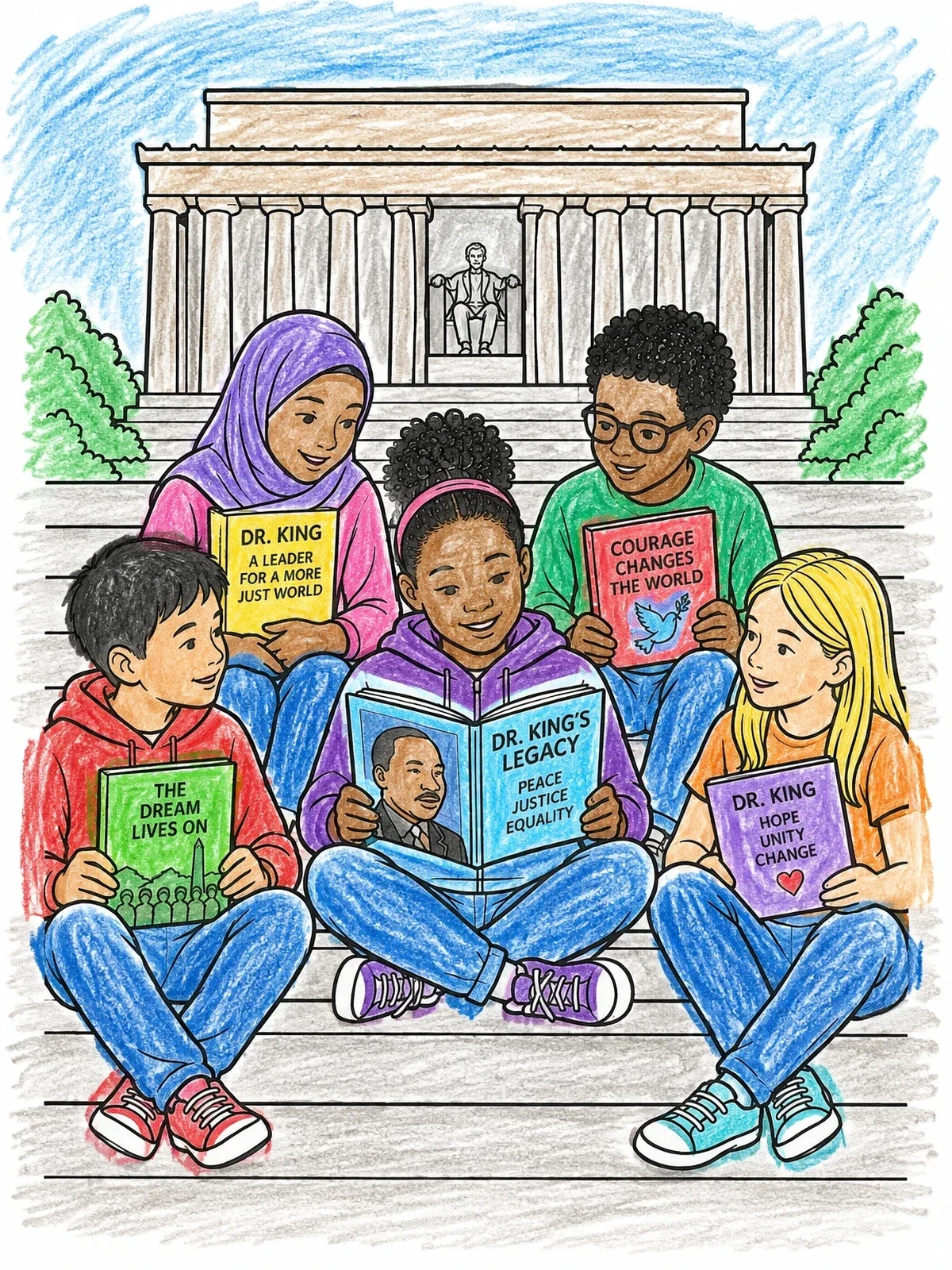 Colored example of the Children Learning Dr Kings Legacy coloring page