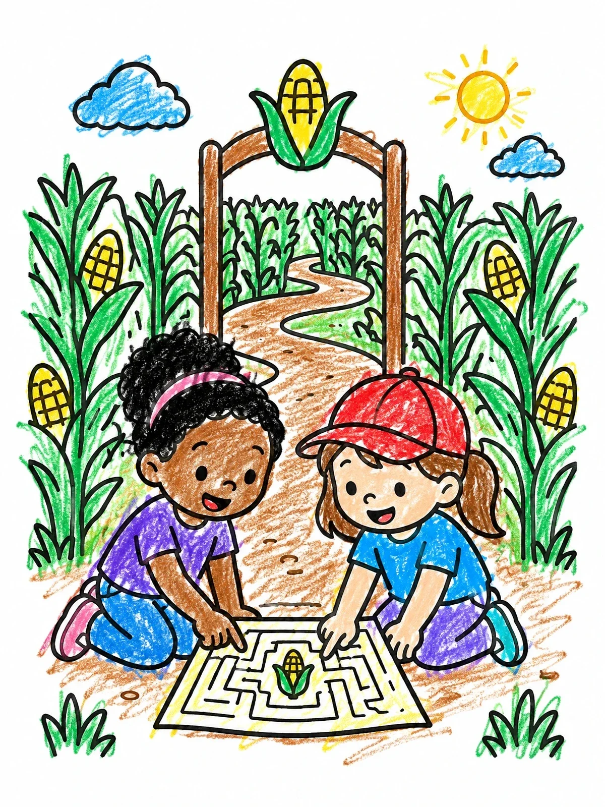 Colored example of the Children Reading A Corn Maze Map coloring page