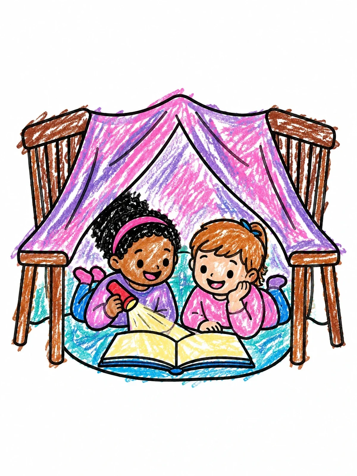 Colored example of the Children Reading Inside Blanket Fort coloring page