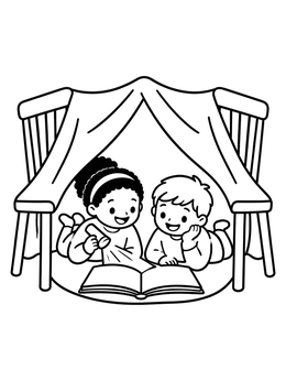 Free printable Children Reading Inside Blanket Fort coloring page