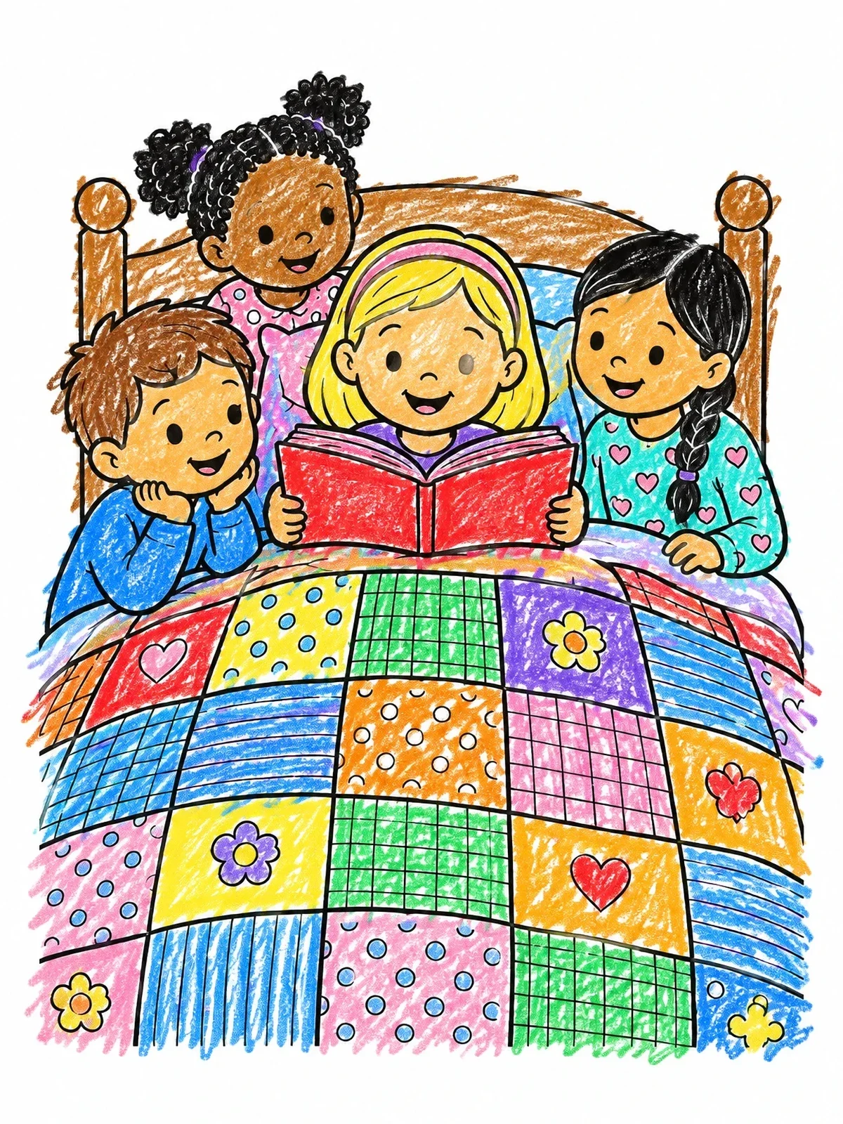 Colored example of the Children Reading Under Patchwork Quilt coloring page