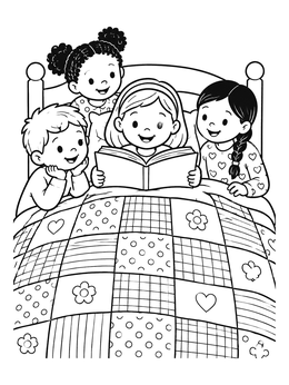 Free printable Children Reading Under Patchwork Quilt coloring page