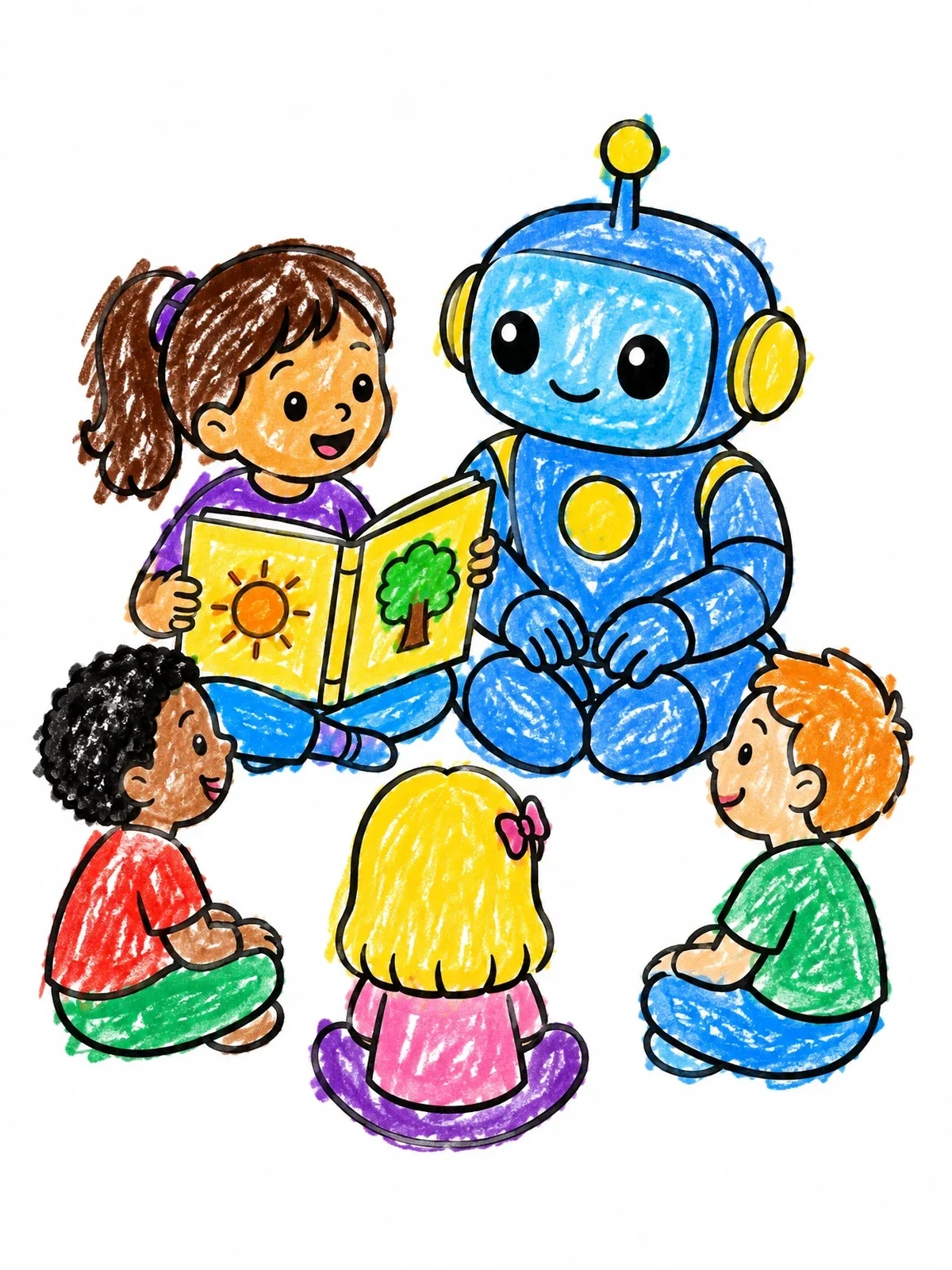 Colored example of the Children And Friendly Robot Reading Together coloring page