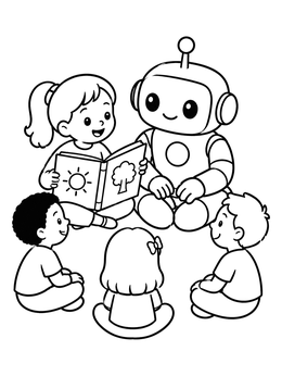 Children sit in a circle reading a book with a robot coloring page.