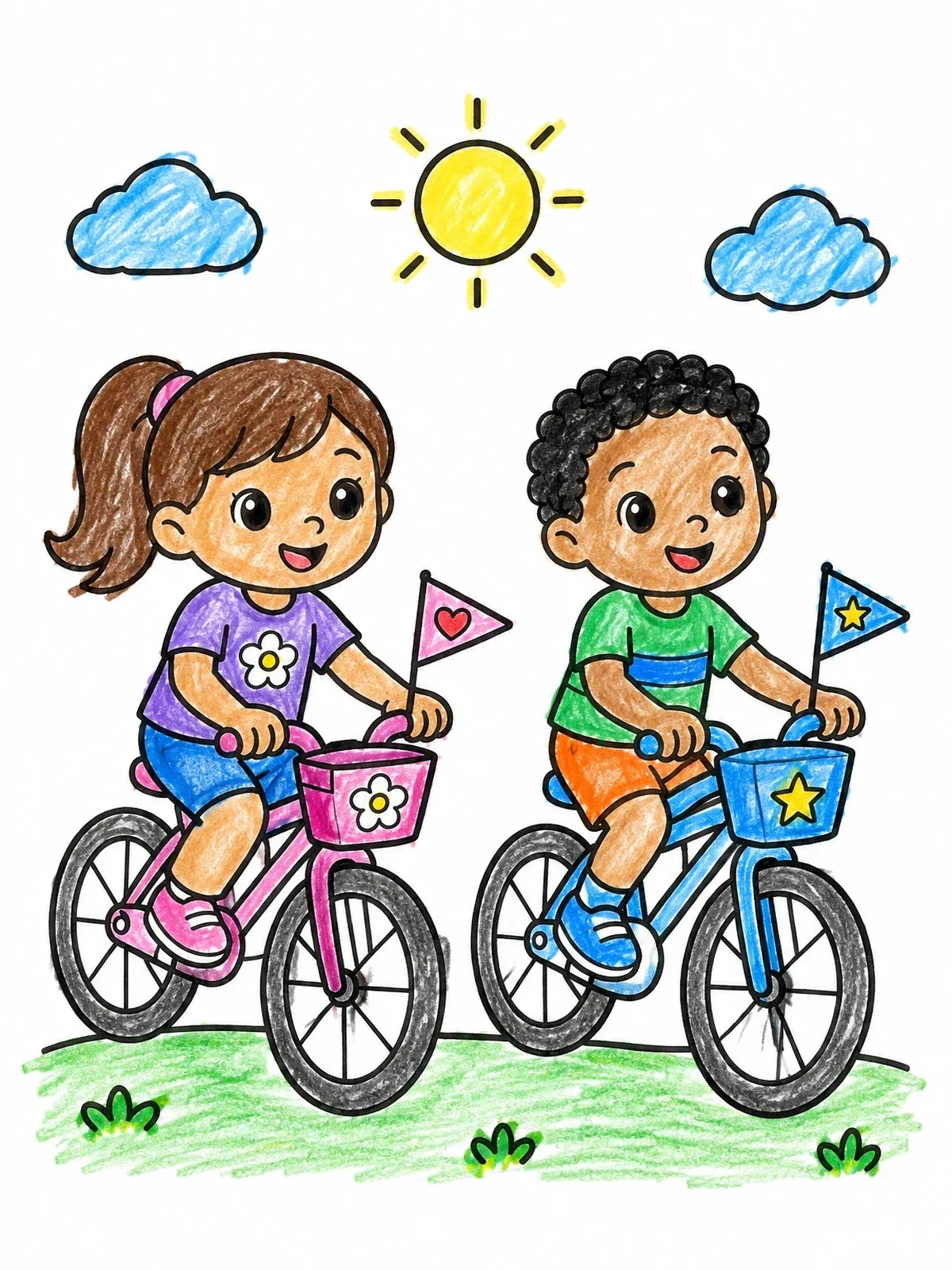 Colored example of the Children Riding Bicycles With Flags coloring page