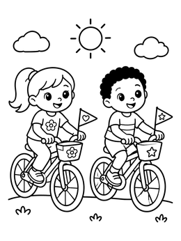 A cheerful flag day coloring page showing a boy and girl riding decorated bicycles outdoors.
