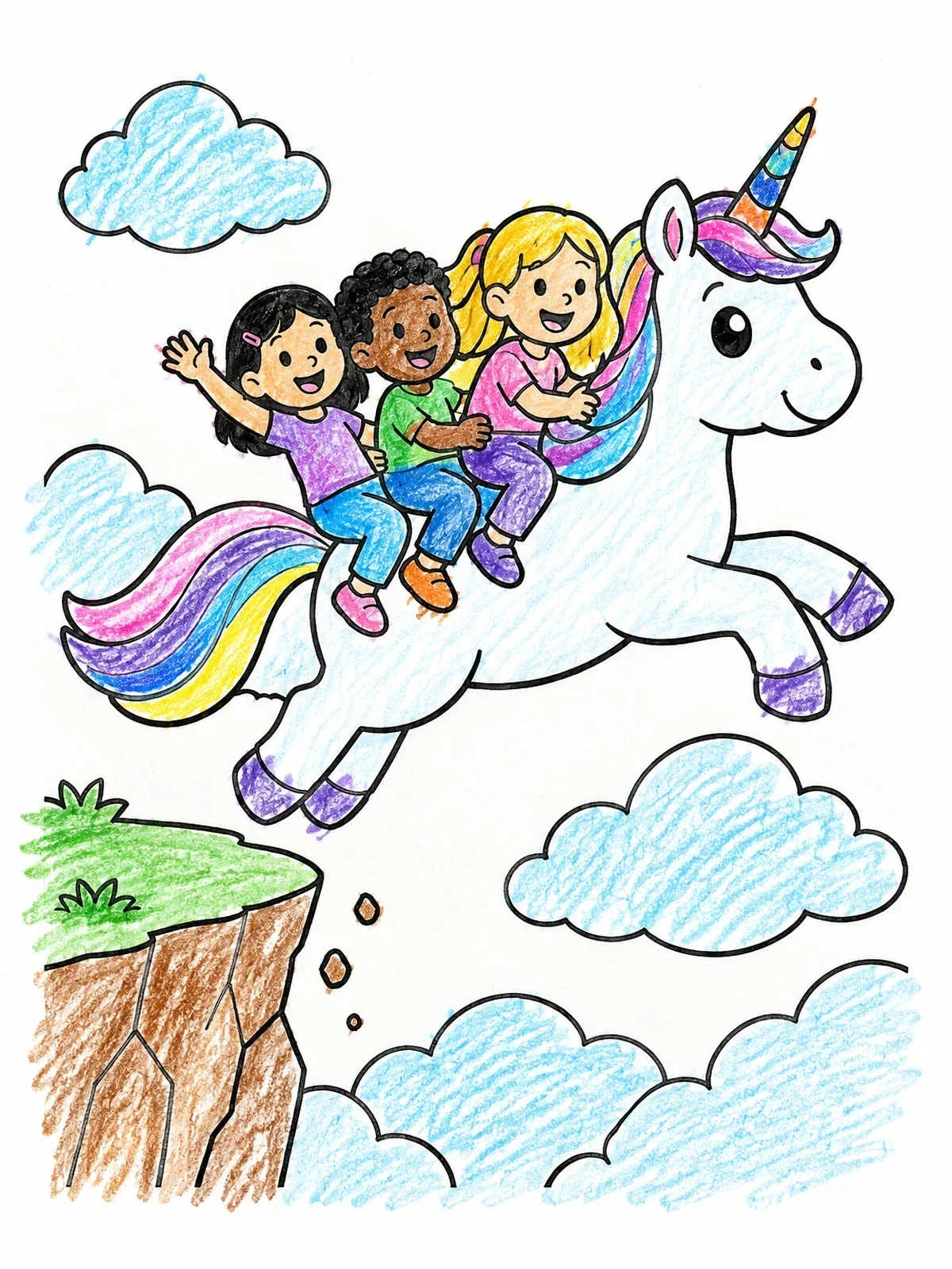 Colored example of the Children Riding A Flying Unicorn coloring page