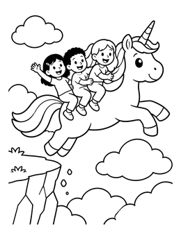 A magical unicorn coloring page with three happy children soaring through the clouds off a cliff.