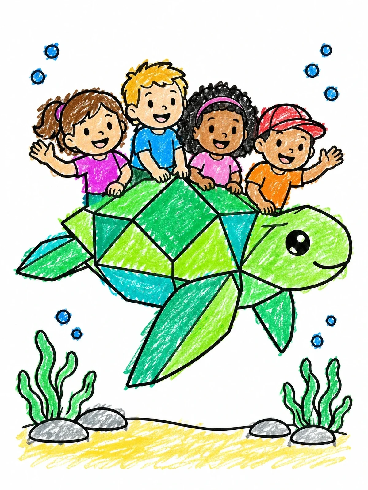 Colored example of the Children Riding An Origami Sea Turtle coloring page
