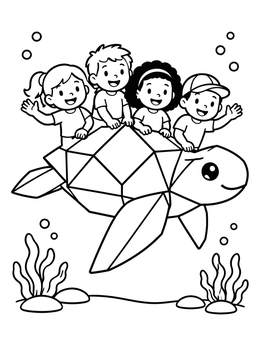 Free printable Children Riding An Origami Sea Turtle coloring page