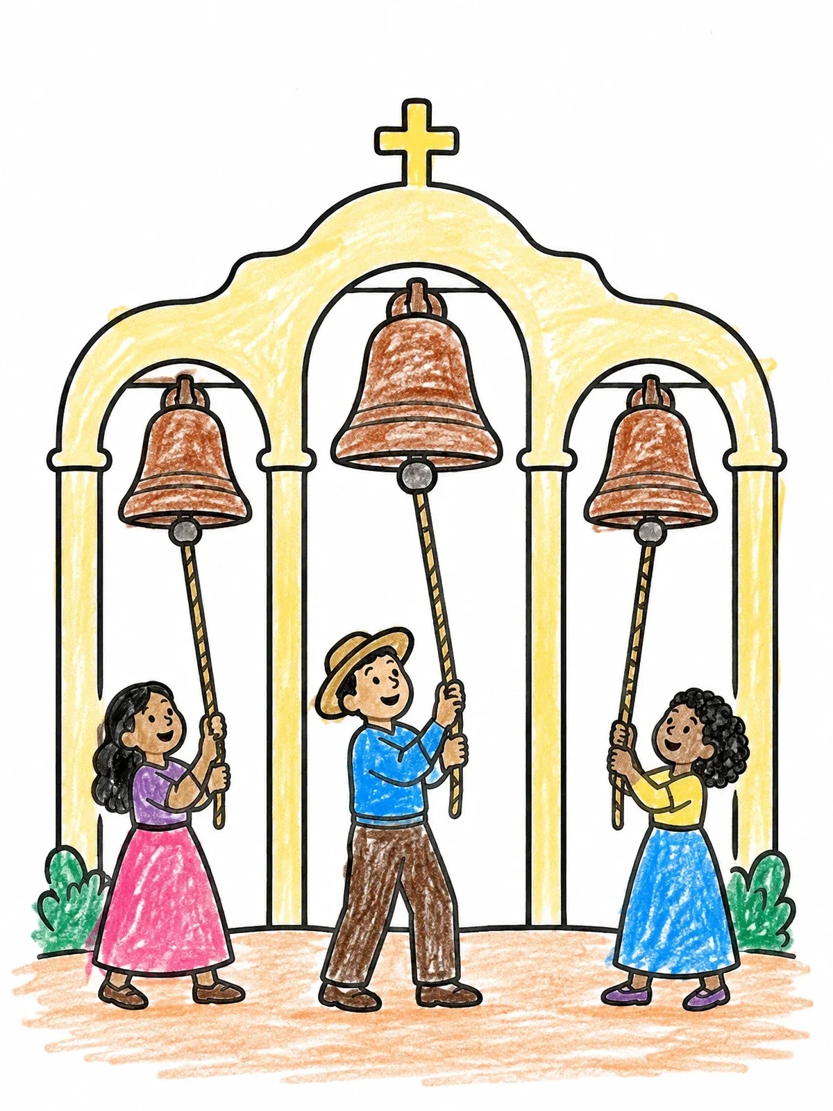 Colored example of the Children Ringing California Mission Bells coloring page
