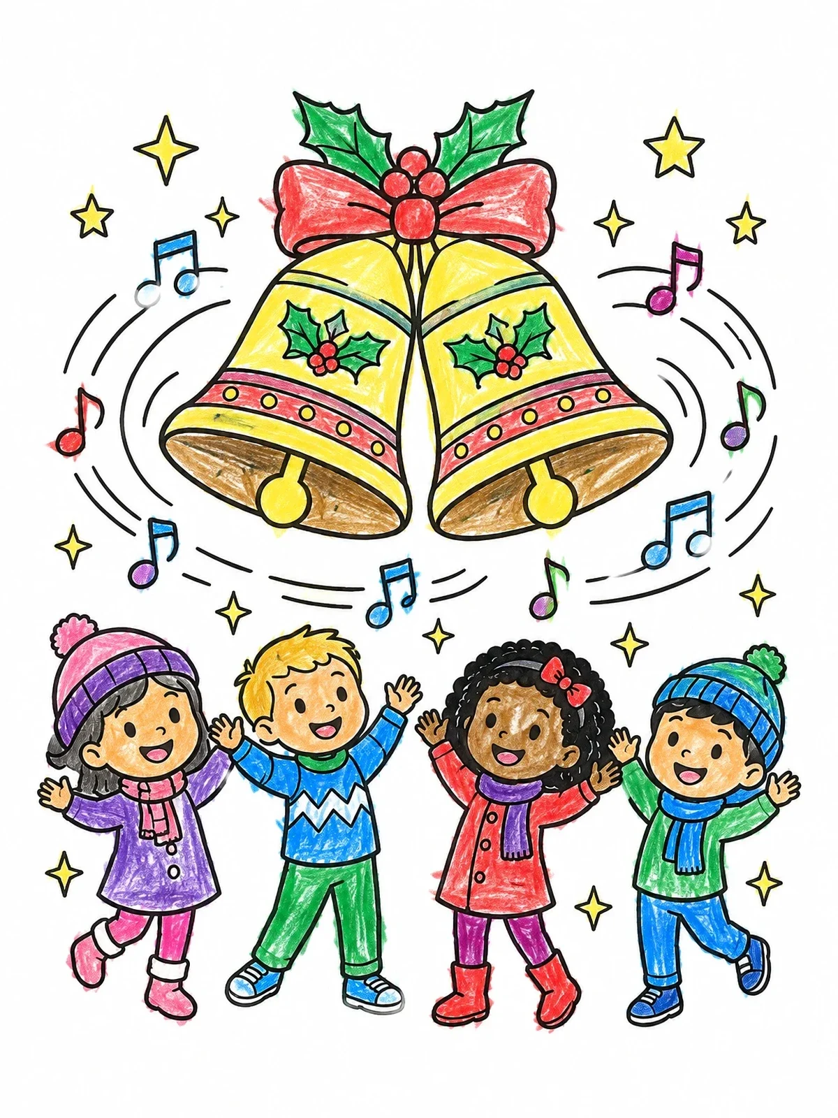 Colored example of the Children Celebrating Ringing Holiday Bells coloring page